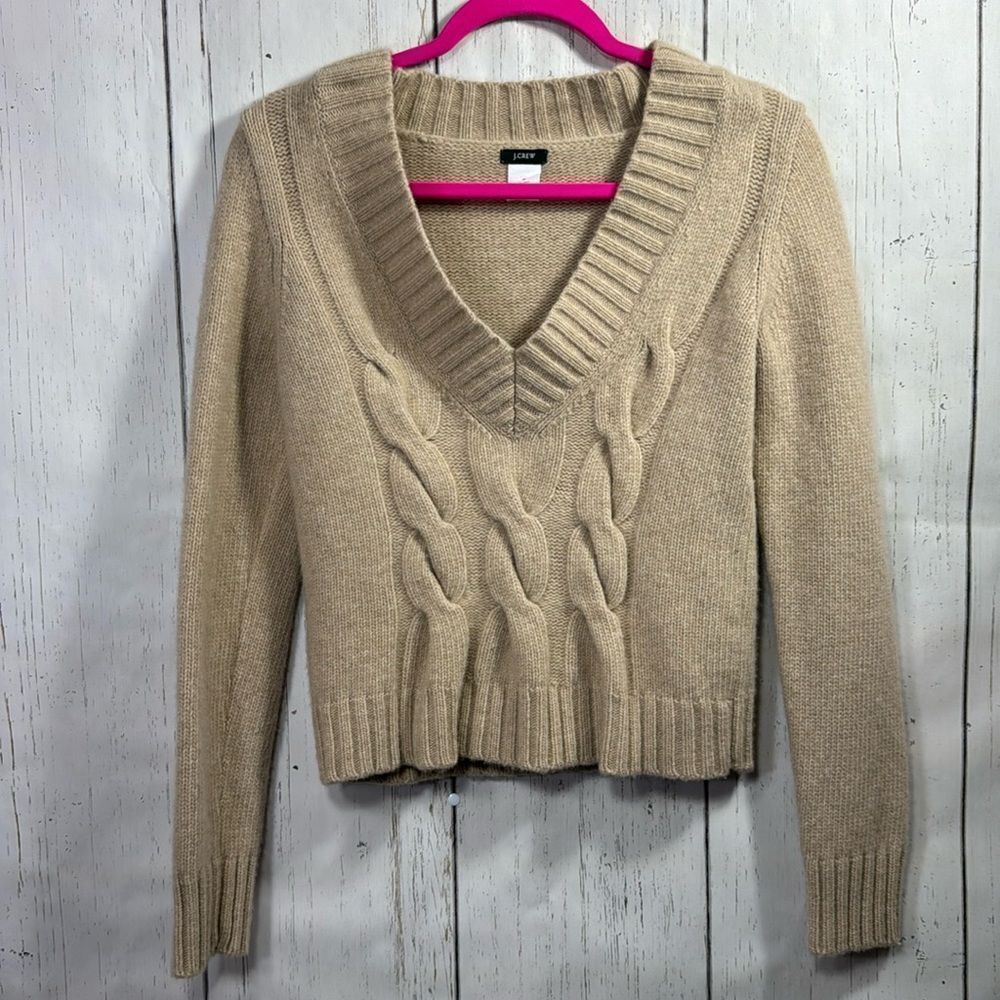 J Crew Wool Cashmere V Neck Cable Knit Tan Cropped Cozy Casual Pullover Sweater